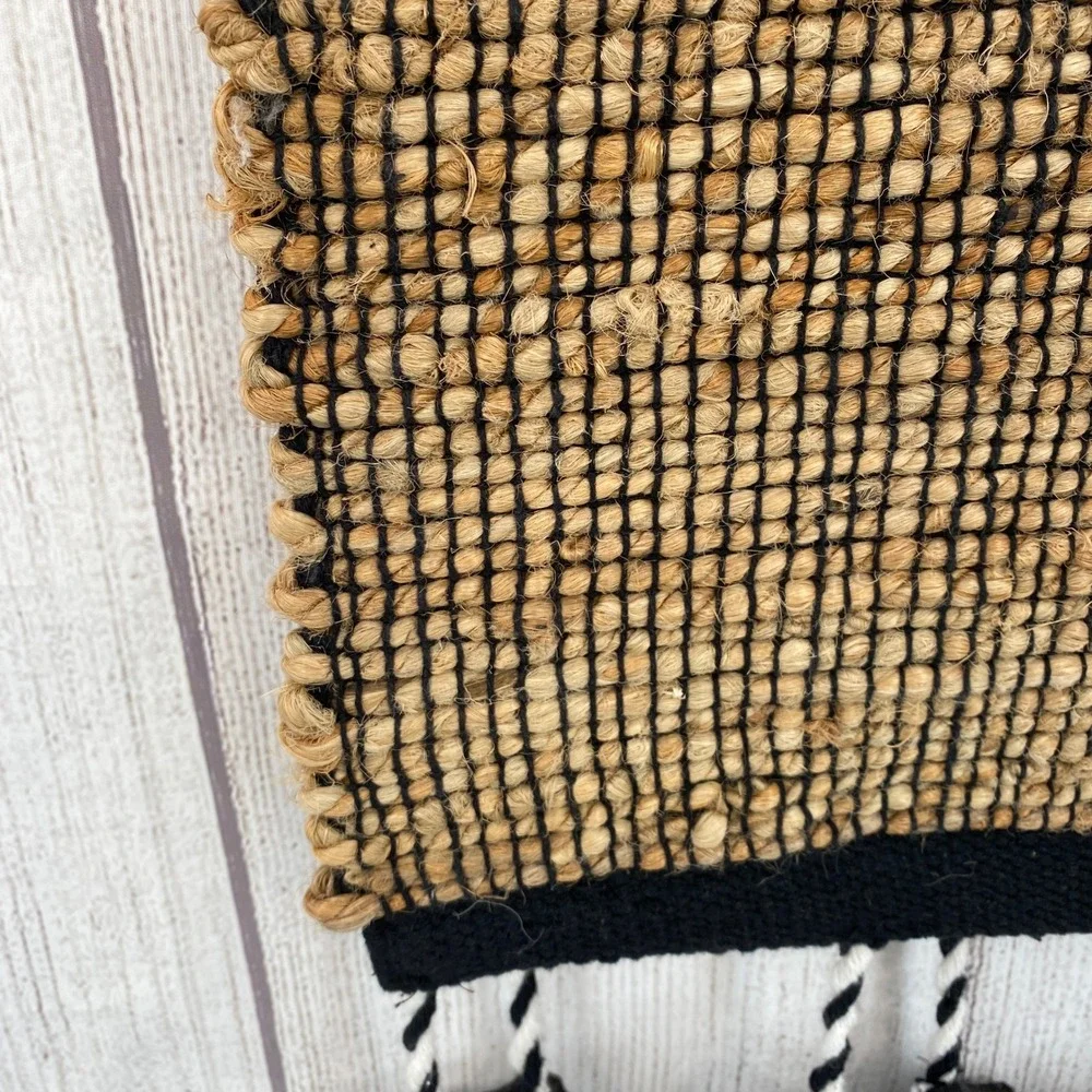 Rachel Zoe Table Runner 14x72 Tan Black Jute Woven Bat Tassels Halloween Boho